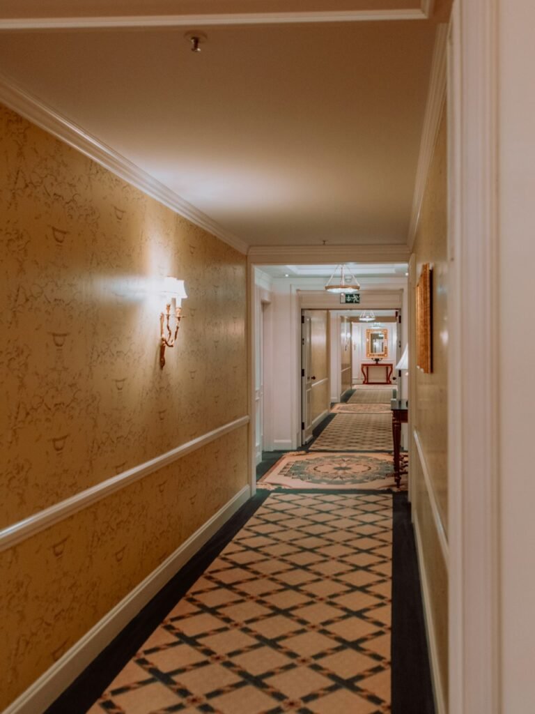 Hotel corridor with guest room entrances