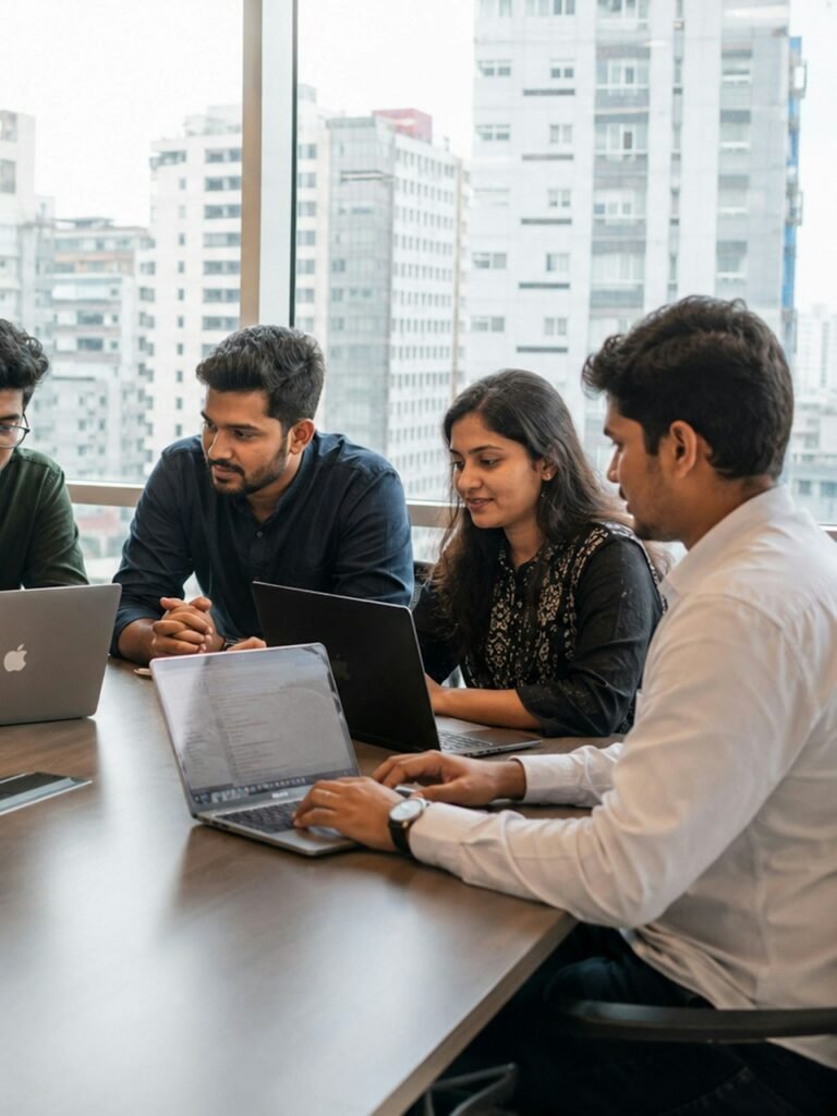 Team collaborating around a meeting table