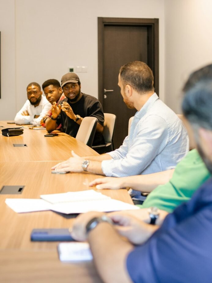 Workplace team collaborating at a table
