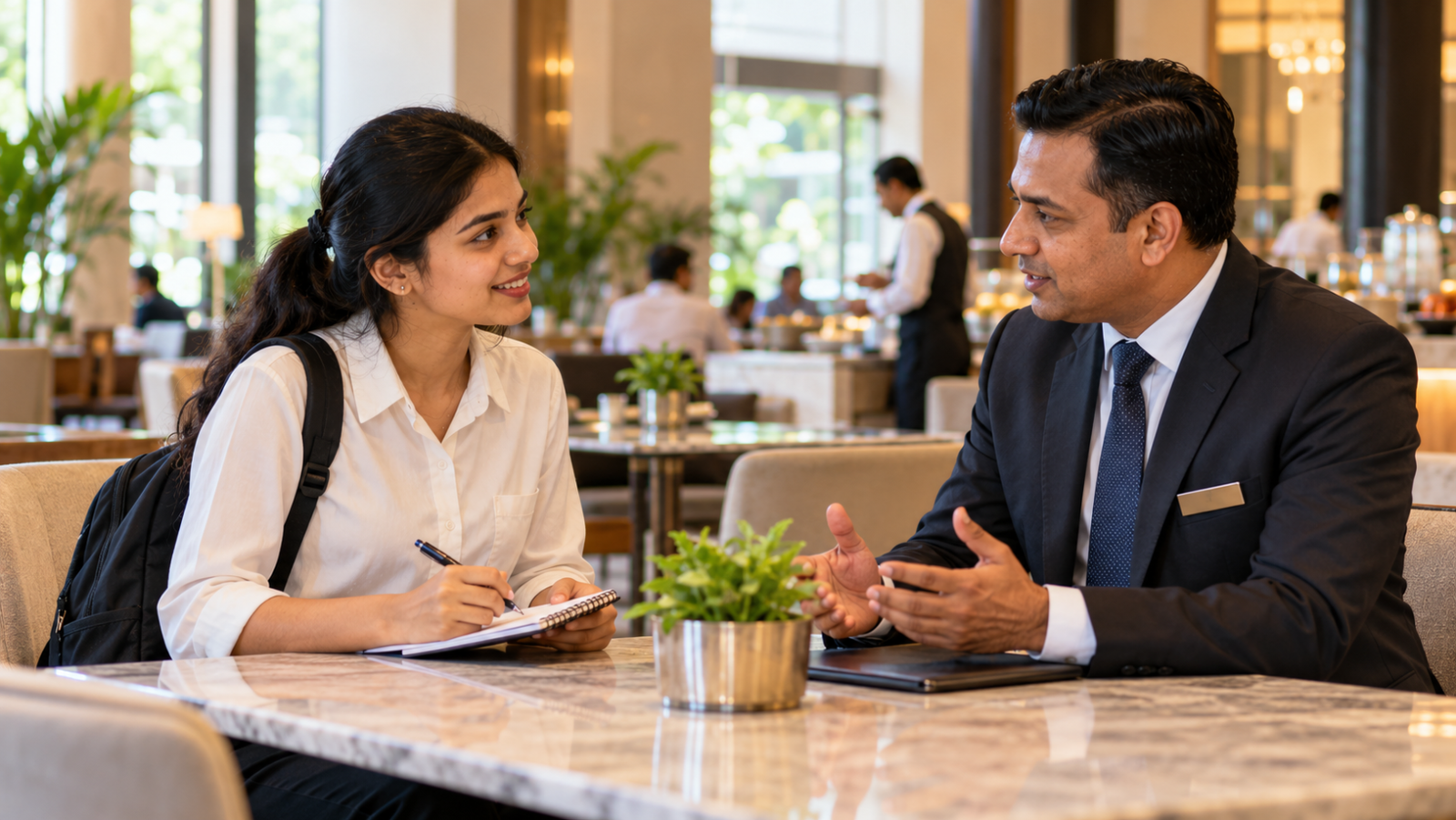 Hotel Internal Transfer to Another Property: 12 Things to Check 1 Hospitality professional discussing career opportunities and a potential hotel-property transfer with a manager