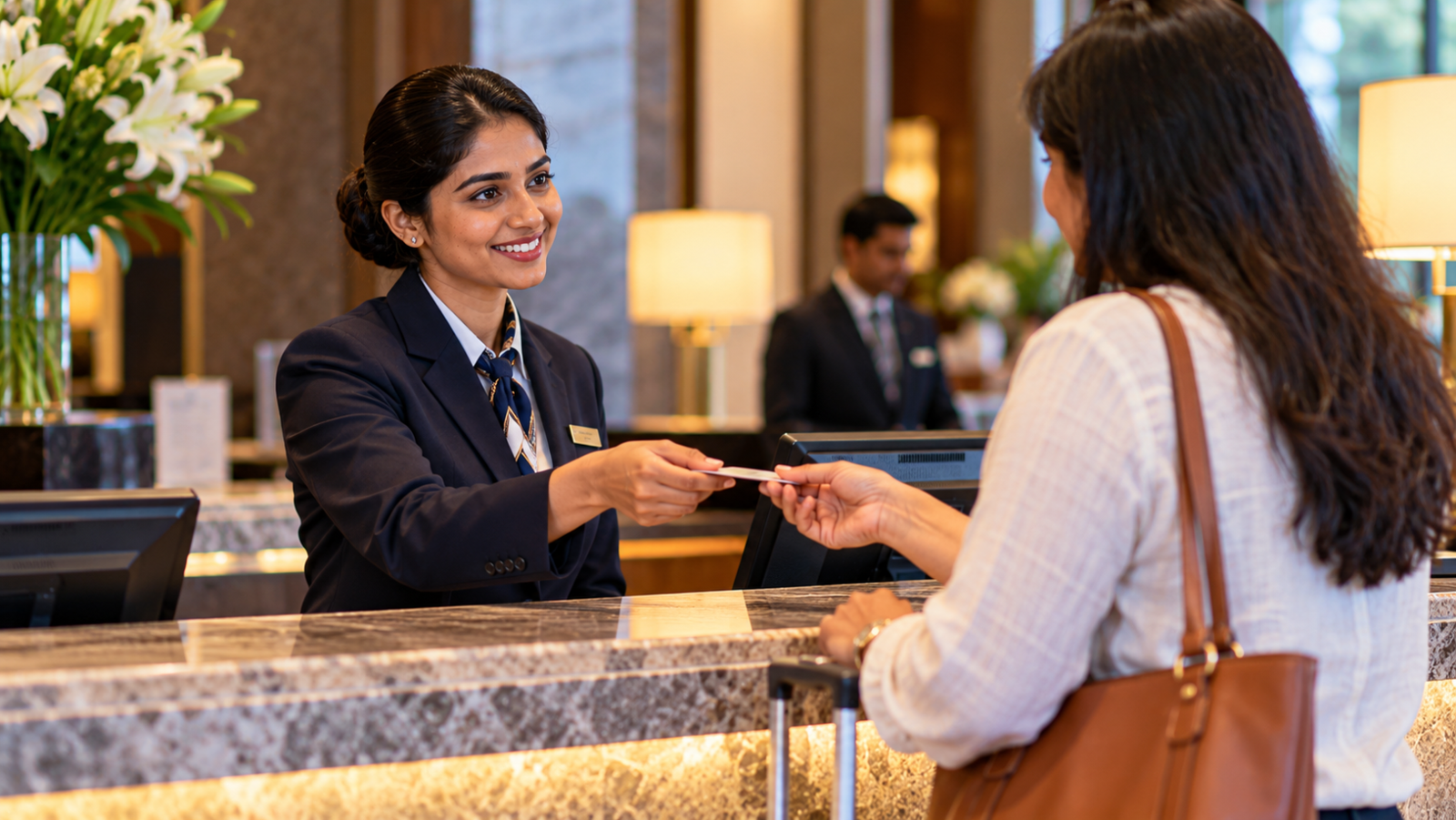 Hotel front desk team member assisting a guest at a reception counter, illustrating entry-level hospitality service work